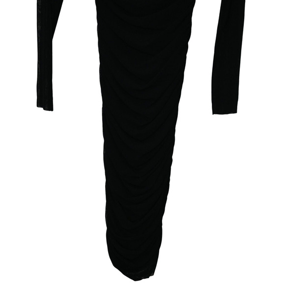 Fuzzi Ruched Bodycon Dress Size M Medium Black Long Sleeve Square Neck Mesh - Picture 3 of 8